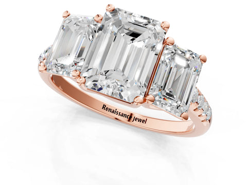 Rose gold Three-Stone Emerald Cut Diamond Ring with Round with Moissanite side stone Pavé Band and Prong Setting_1
