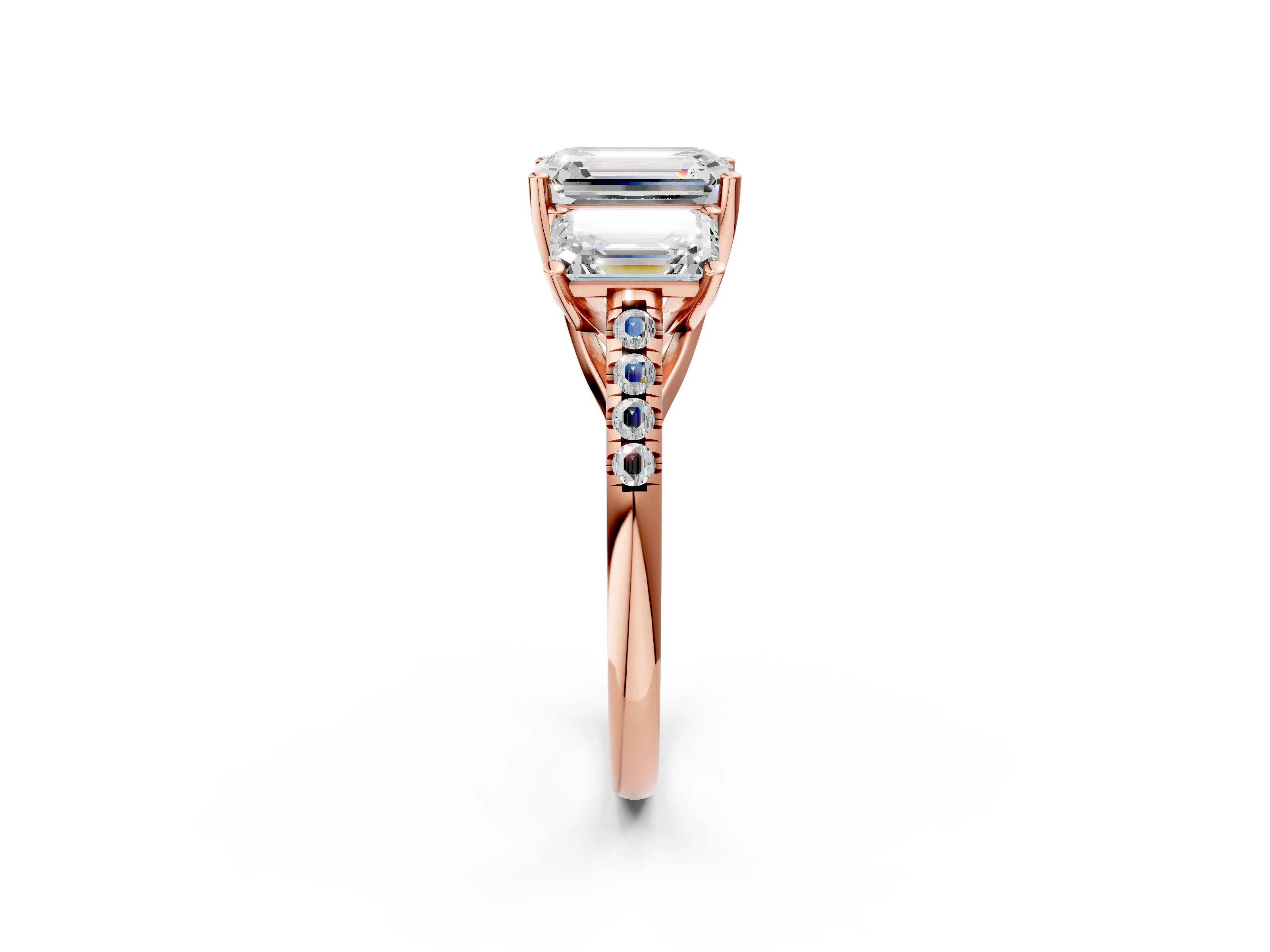 Rose gold Three-Stone Emerald Cut Diamond Ring with Round with Moissanite side stone Pavé Band and Prong Setting_2