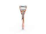 Rose gold Three-Stone Emerald Cut Diamond Ring with Round with Moissanite side stone Pavé Band and Prong Setting_2