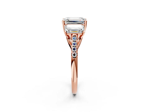 Rose gold Three-Stone Emerald Cut Diamond Ring with Round with Moissanite side stone Pavé Band and Prong Setting_2