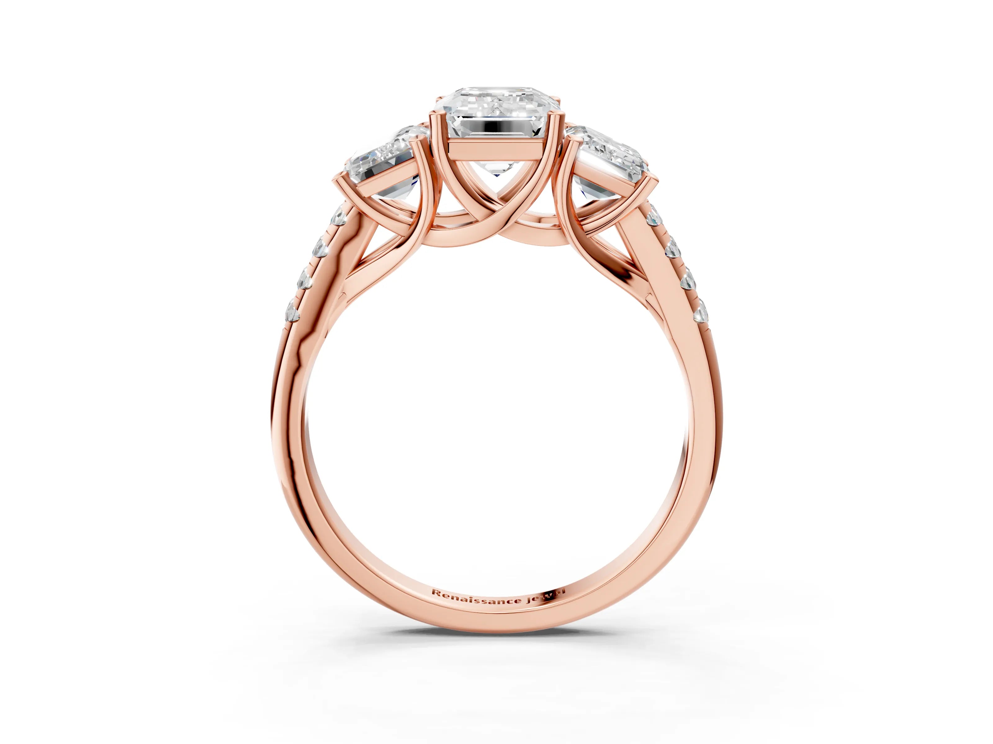 Rose gold Three-Stone Emerald Cut Diamond Ring with Round with Moissanite side stone Pavé Band and Prong Setting_3