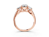 Rose gold Three-Stone Emerald Cut Diamond Ring with Round with Moissanite side stone Pavé Band and Prong Setting_3