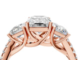 Rose gold Three-Stone Emerald Cut Diamond Ring with Round with Moissanite side stone Pavé Band and Prong Setting_4