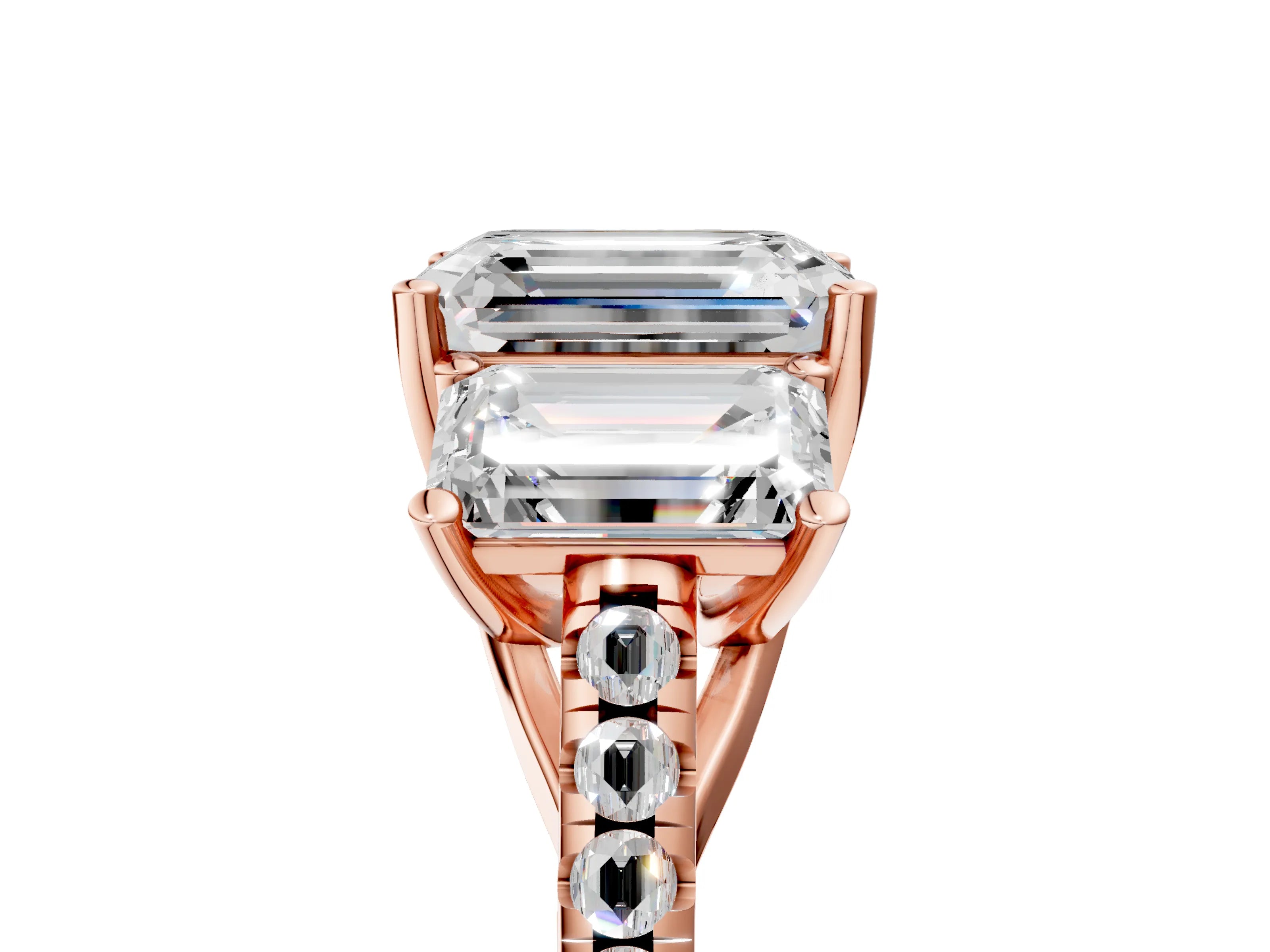 Rose gold Three-Stone Emerald Cut Diamond Ring with Round with Moissanite side stone Pavé Band and Prong Setting_5