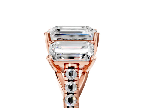 Rose gold Three-Stone Emerald Cut Diamond Ring with Round with Moissanite side stone Pavé Band and Prong Setting_5