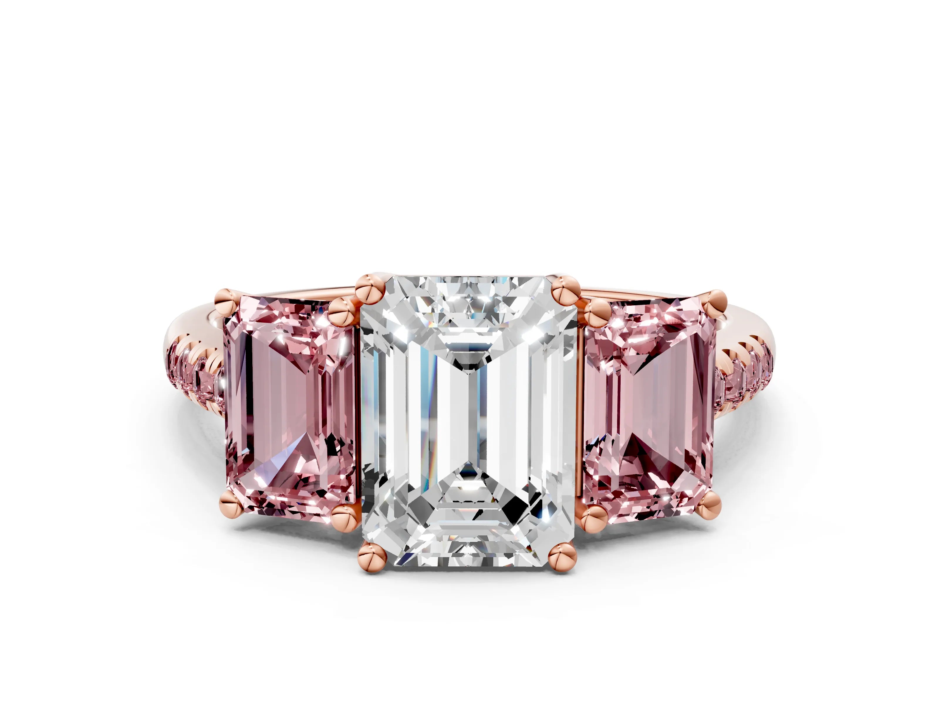 Rose gold Three-Stone Emerald Cut Diamond Ring with Round with Morganite side stone Pavé Band and Prong Setting