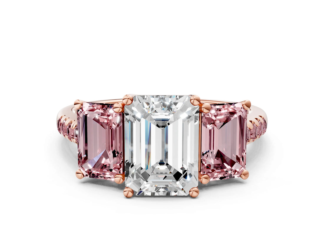 Rose gold Three-Stone Emerald Cut Diamond Ring with Round with Morganite side stone Pavé Band and Prong Setting