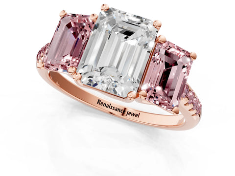 Rose gold Three-Stone Emerald Cut Diamond Ring with Round with Morganite side stone Pavé Band and Prong Setting_1
