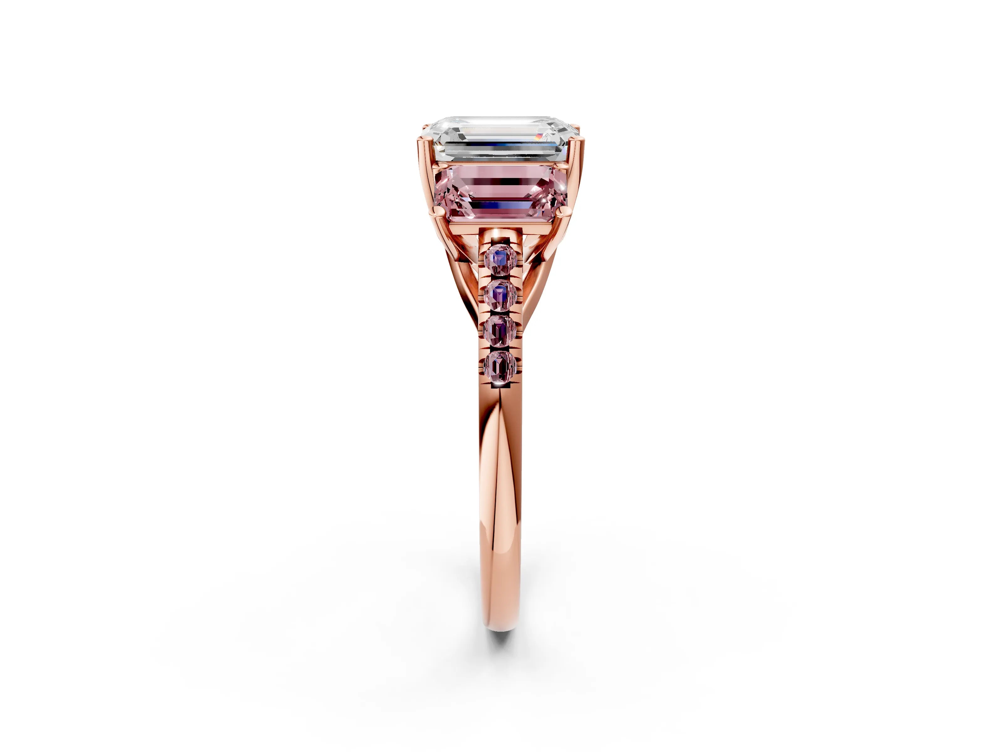 Rose gold Three-Stone Emerald Cut Diamond Ring with Round with Morganite side stone Pavé Band and Prong Setting_2