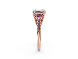 Rose gold Three-Stone Emerald Cut Diamond Ring with Round with Morganite side stone Pavé Band and Prong Setting_2