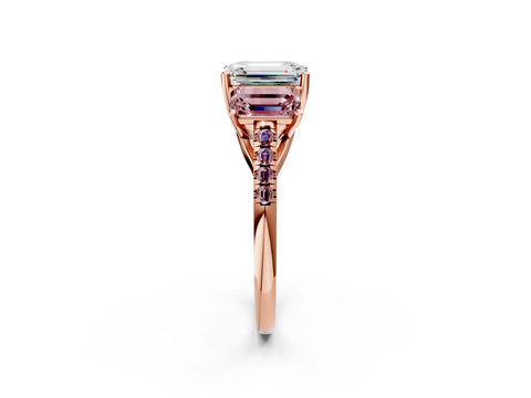 Rose gold Three-Stone Emerald Cut Diamond Ring with Round with Morganite side stone Pavé Band and Prong Setting_2