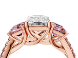 Rose gold Three-Stone Emerald Cut Diamond Ring with Round with Morganite side stone Pavé Band and Prong Setting_4