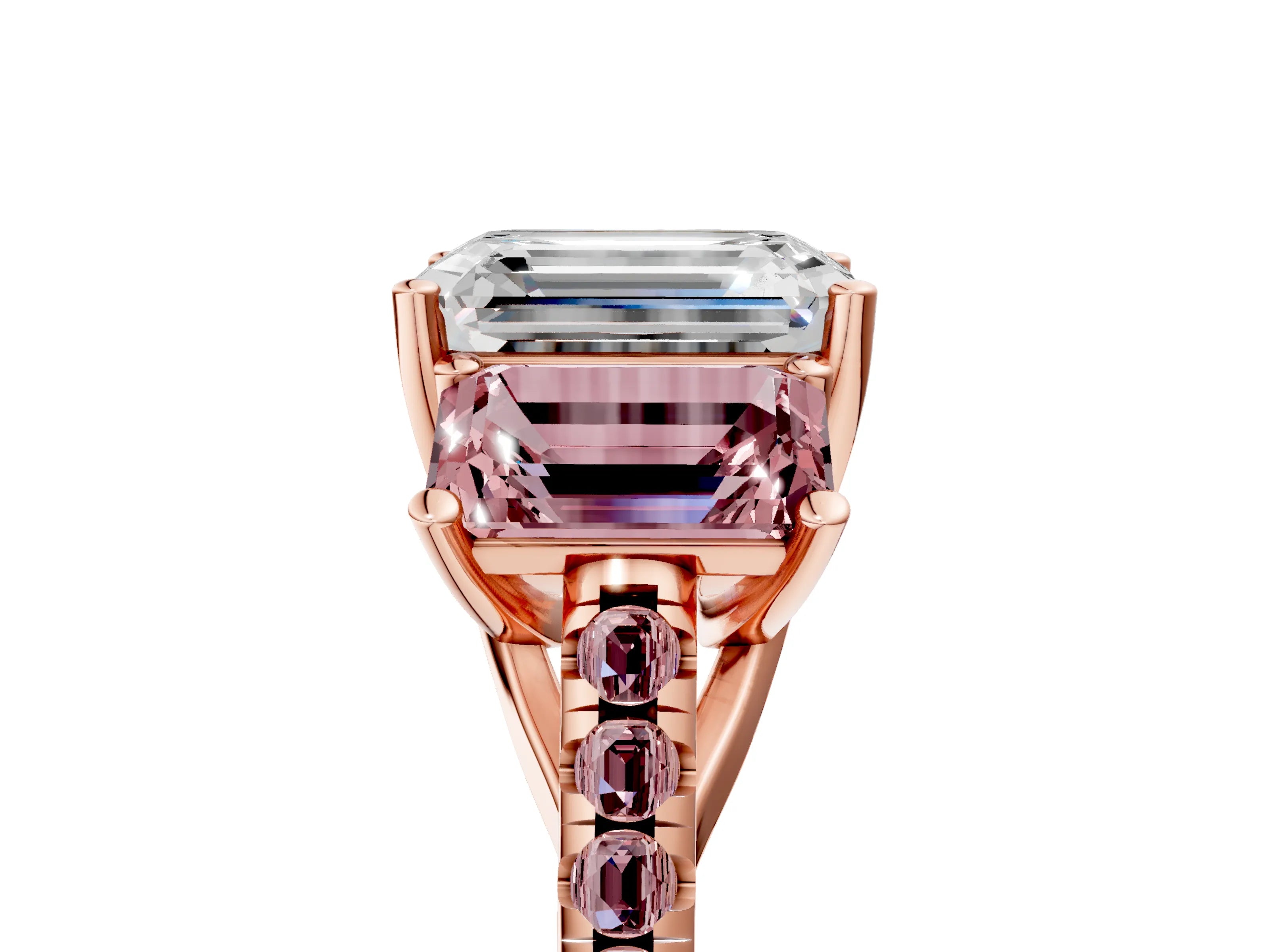 Rose gold Three-Stone Emerald Cut Diamond Ring with Round with Morganite side stone Pavé Band and Prong Setting_5