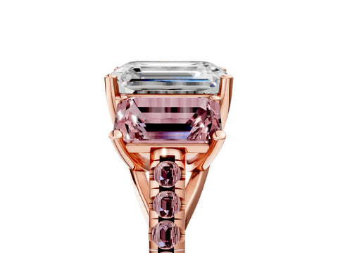 Rose gold Three-Stone Emerald Cut Diamond Ring with Round with Morganite side stone Pavé Band and Prong Setting_5