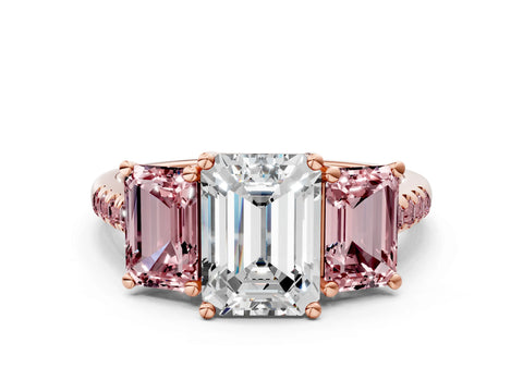 Rose gold Three-Stone Emerald Cut Diamond Ring with Round with Morganite side stone Pavé Band and Prong Setting