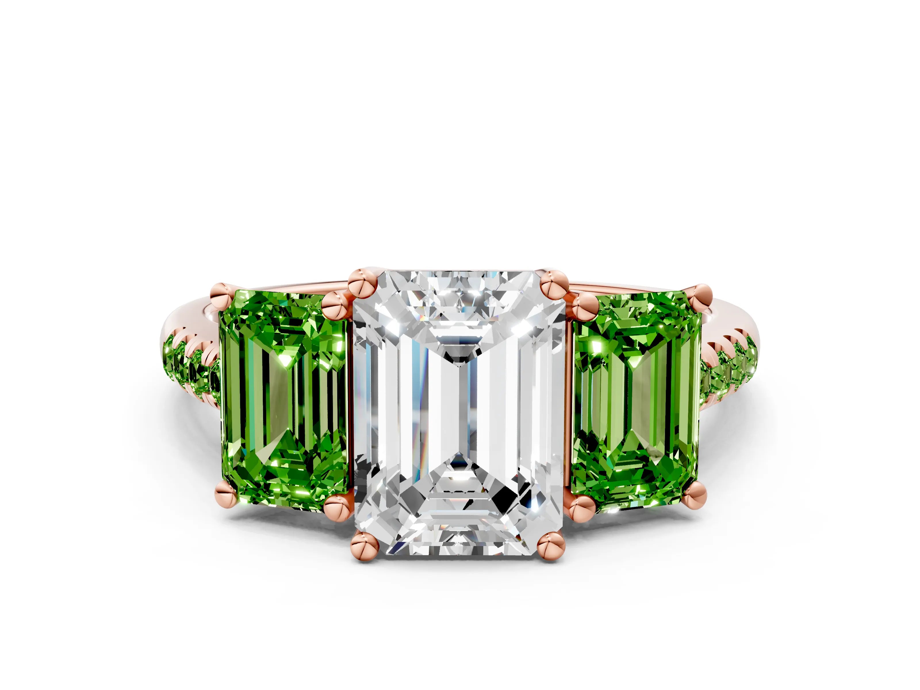 Rose gold Three-Stone Emerald Cut Diamond Ring with Round with Peridot side stone Pavé Band and Prong Setting