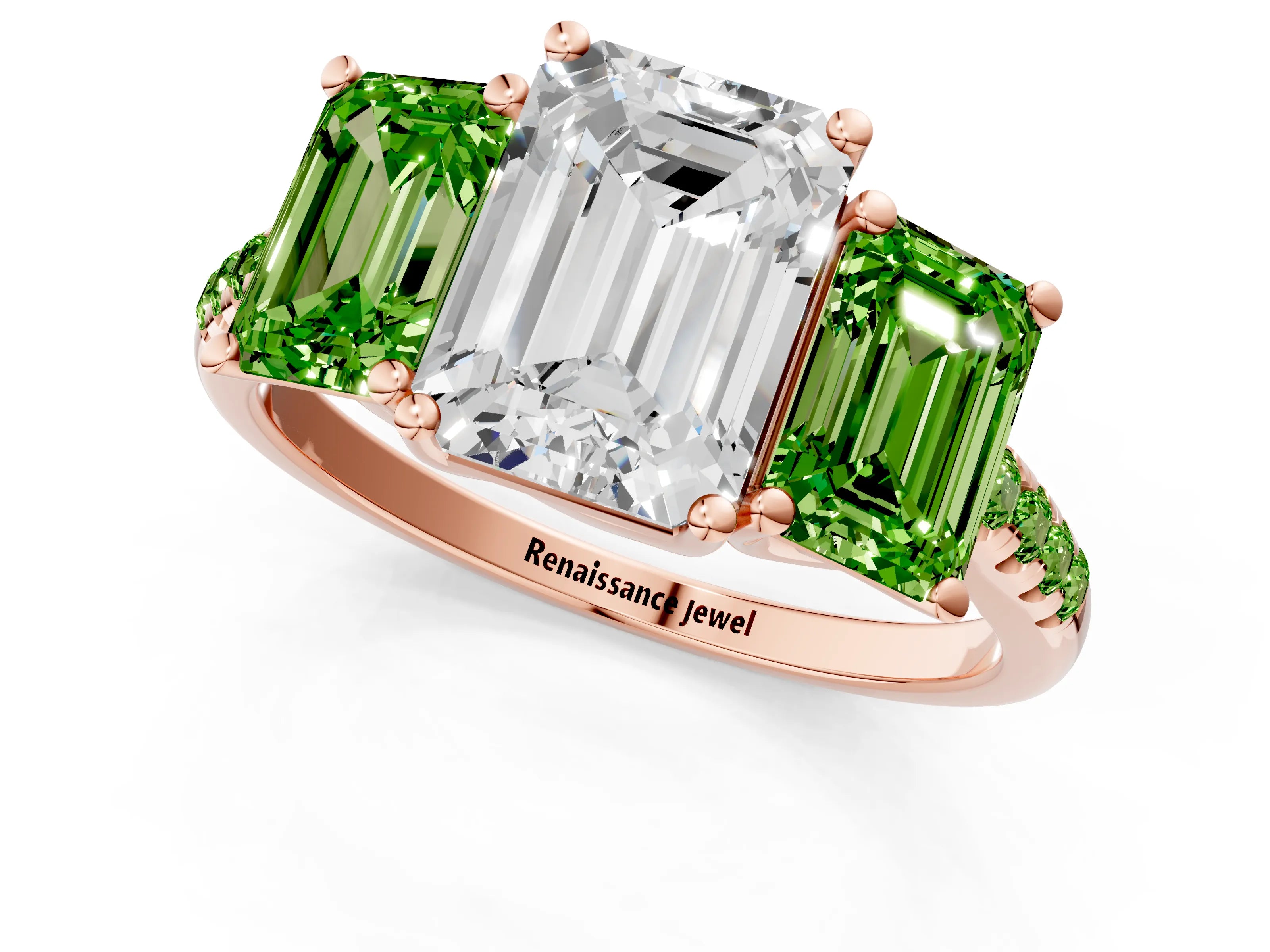 Rose gold Three-Stone Emerald Cut Diamond Ring with Round with Peridot side stone Pavé Band and Prong Setting_1