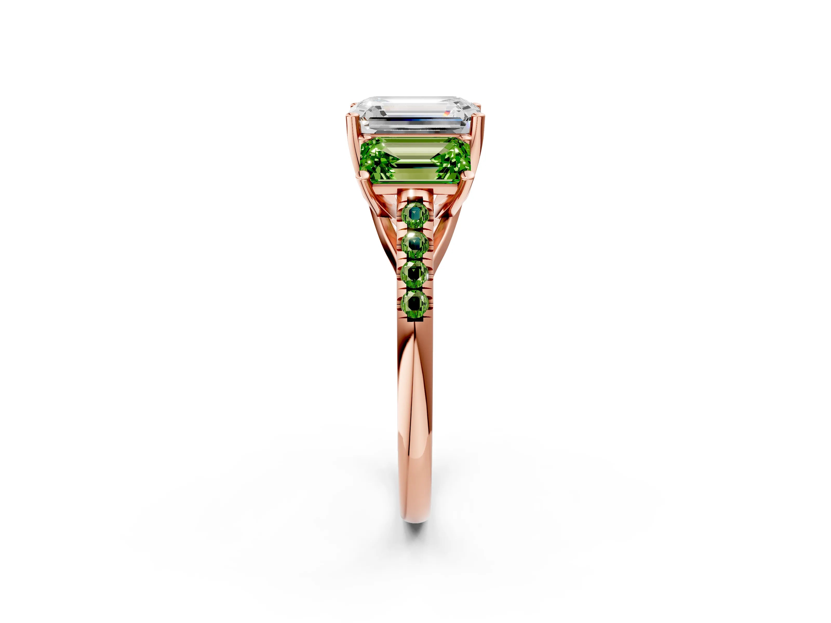 Rose gold Three-Stone Emerald Cut Diamond Ring with Round with Peridot side stone Pavé Band and Prong Setting_2