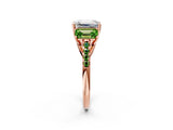 Rose gold Three-Stone Emerald Cut Diamond Ring with Round with Peridot side stone Pavé Band and Prong Setting_2