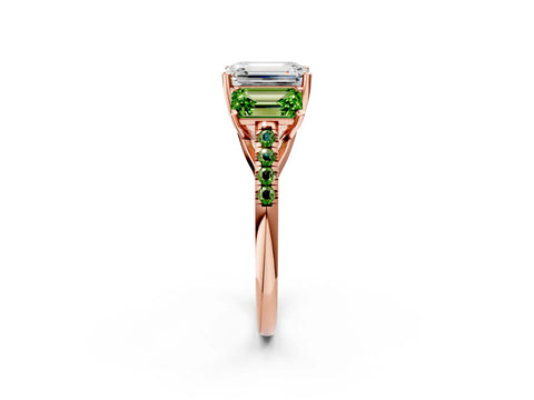 Rose gold Three-Stone Emerald Cut Diamond Ring with Round with Peridot side stone Pavé Band and Prong Setting_2