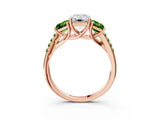 Rose gold Three-Stone Emerald Cut Diamond Ring with Round with Peridot side stone Pavé Band and Prong Setting_3