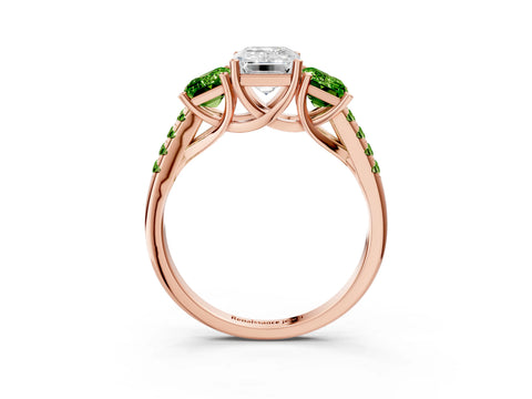 Rose gold Three-Stone Emerald Cut Diamond Ring with Round with Peridot side stone Pavé Band and Prong Setting_3