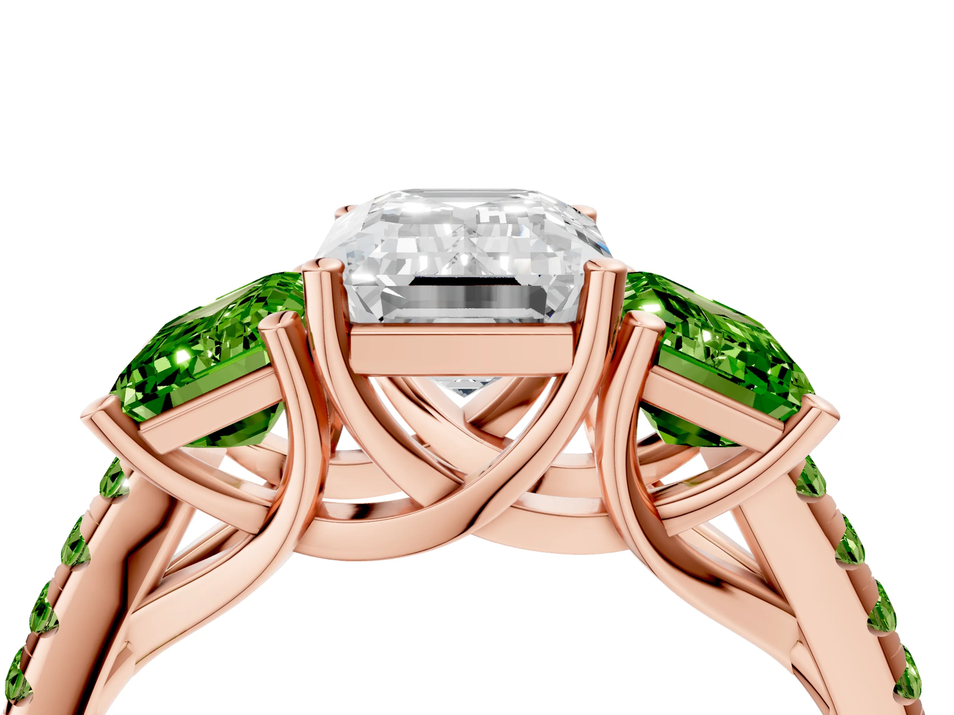 Rose gold Three-Stone Emerald Cut Diamond Ring with Round with Peridot side stone Pavé Band and Prong Setting_4