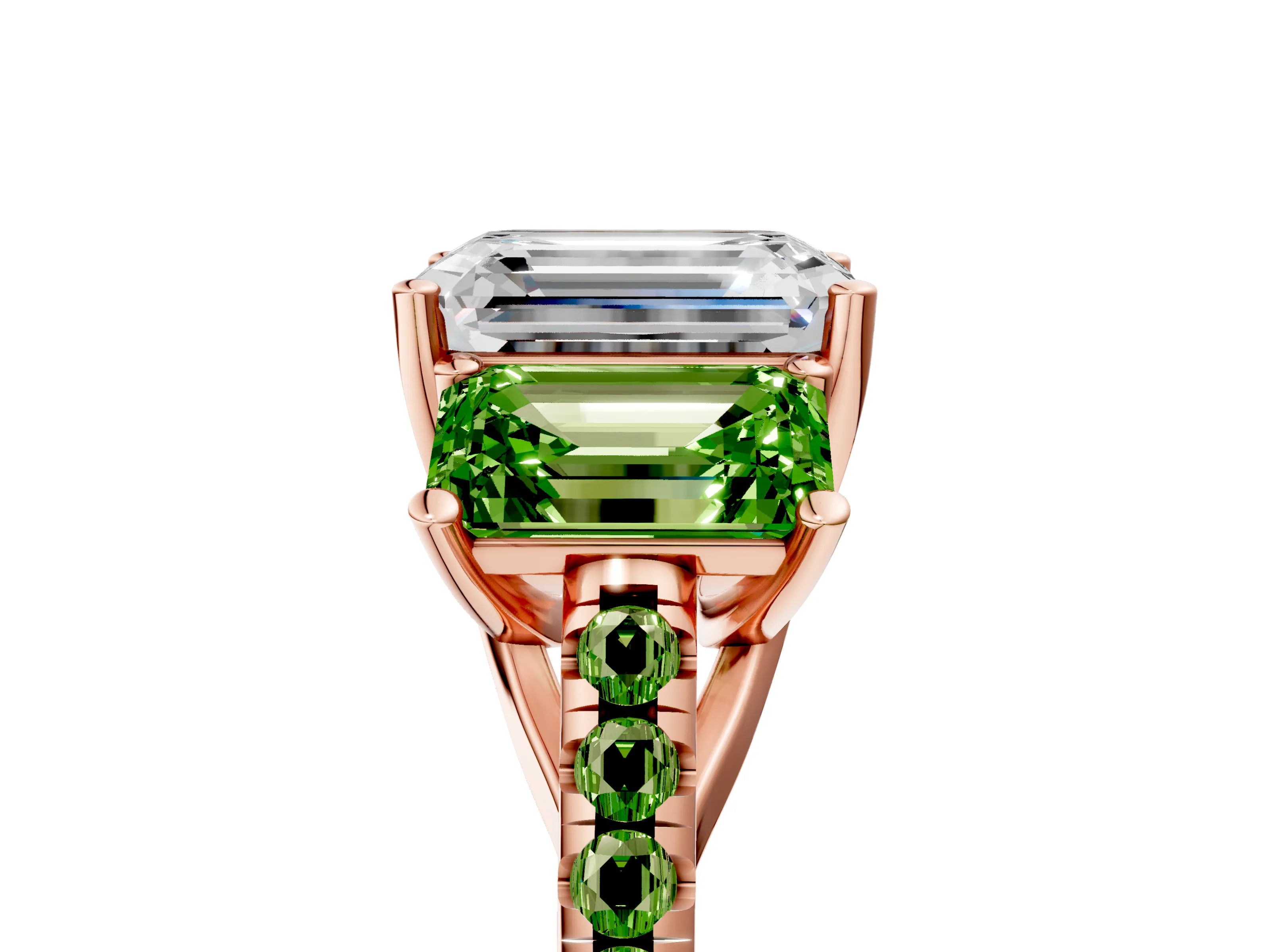 Rose gold Three-Stone Emerald Cut Diamond Ring with Round with Peridot side stone Pavé Band and Prong Setting_5
