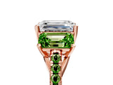 Rose gold Three-Stone Emerald Cut Diamond Ring with Round with Peridot side stone Pavé Band and Prong Setting_5