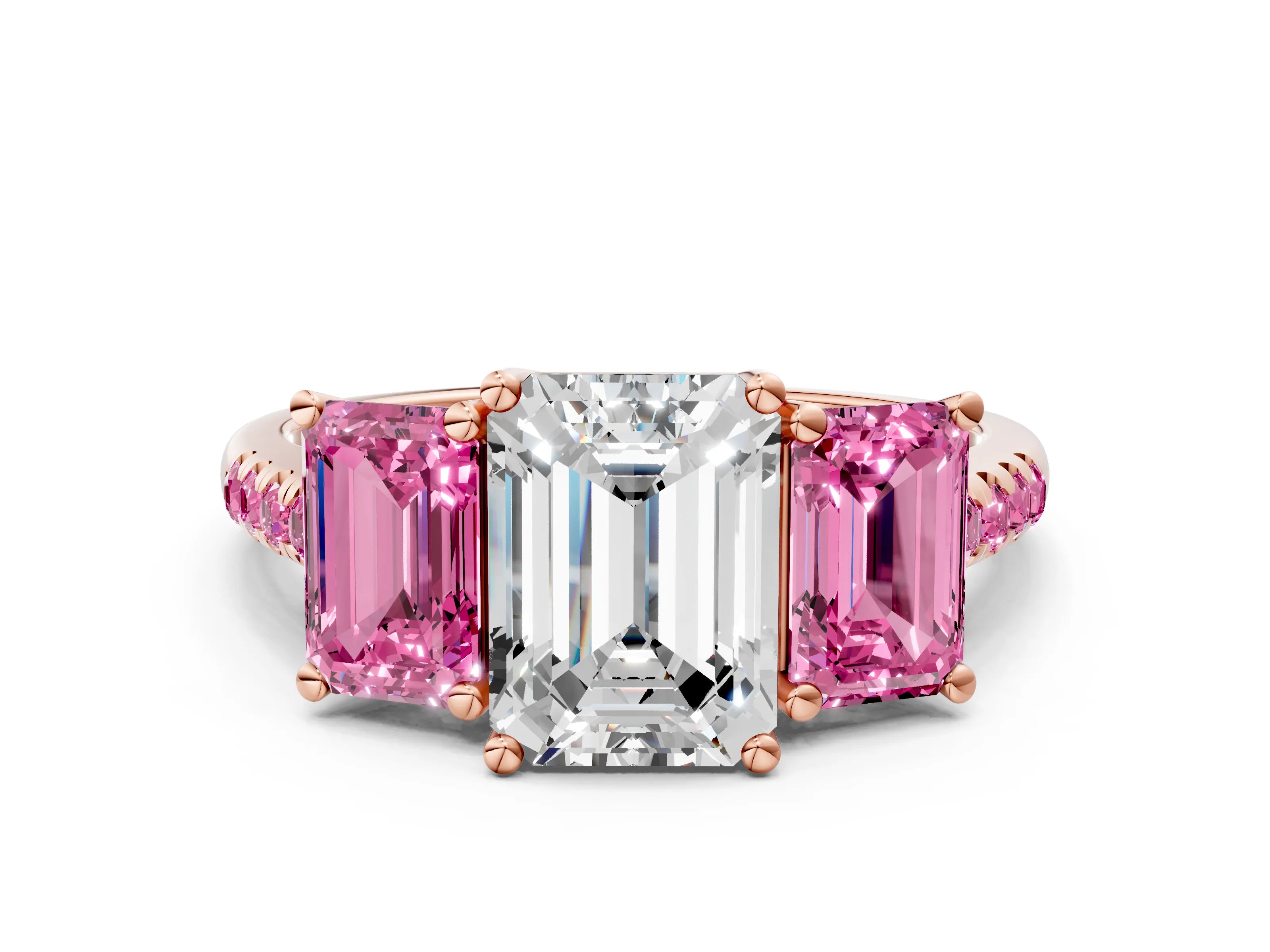 Rose gold Three-Stone Emerald Cut Diamond Ring with Round with Pink Sapphire side stone Pavé Band and Prong Setting
