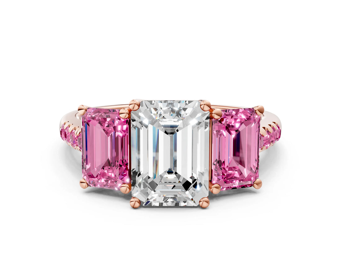 Rose gold Three-Stone Emerald Cut Diamond Ring with Round with Pink Sapphire side stone Pavé Band and Prong Setting