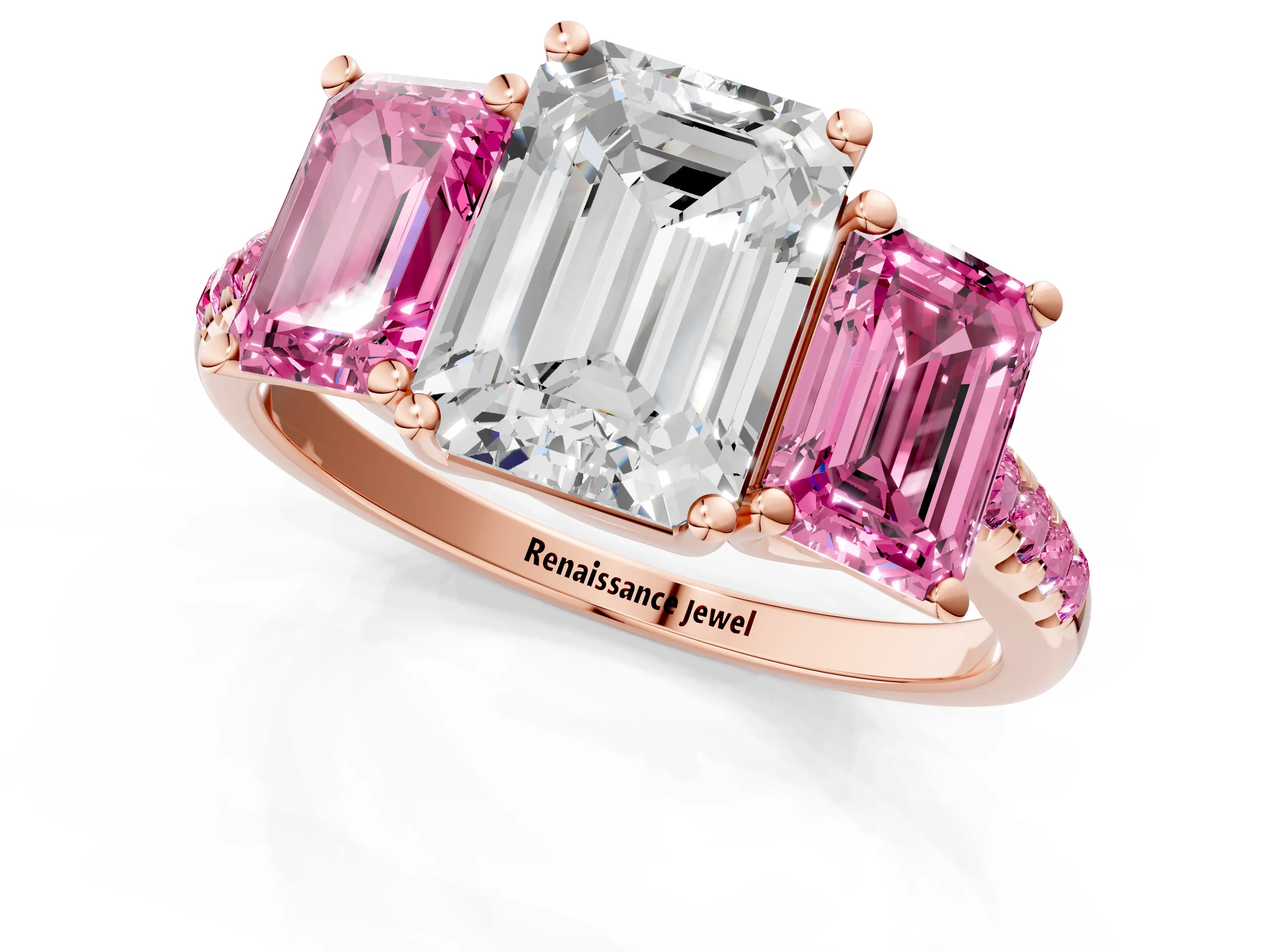 Rose gold Three-Stone Emerald Cut Diamond Ring with Round with Pink Sapphire side stone Pavé Band and Prong Setting_1