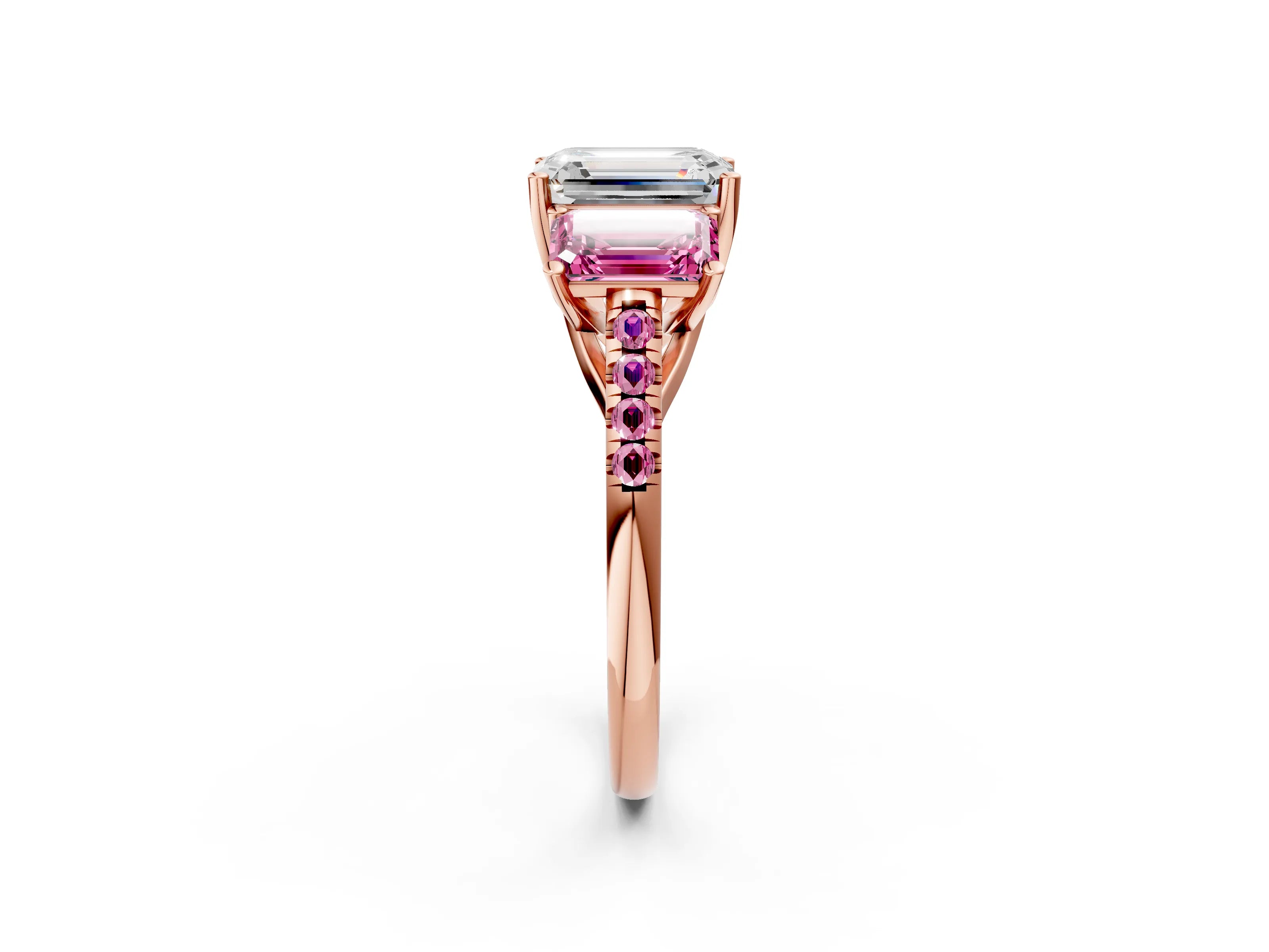 Rose gold Three-Stone Emerald Cut Diamond Ring with Round with Pink Sapphire side stone Pavé Band and Prong Setting_2