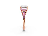 Rose gold Three-Stone Emerald Cut Diamond Ring with Round with Pink Sapphire side stone Pavé Band and Prong Setting_2