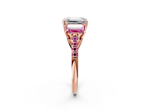 Rose gold Three-Stone Emerald Cut Diamond Ring with Round with Pink Sapphire side stone Pavé Band and Prong Setting_2