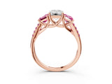 Rose gold Three-Stone Emerald Cut Diamond Ring with Round with Pink Sapphire side stone Pavé Band and Prong Setting_3