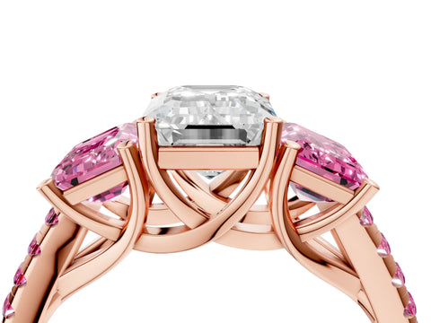 Rose gold Three-Stone Emerald Cut Diamond Ring with Round with Pink Sapphire side stone Pavé Band and Prong Setting_4