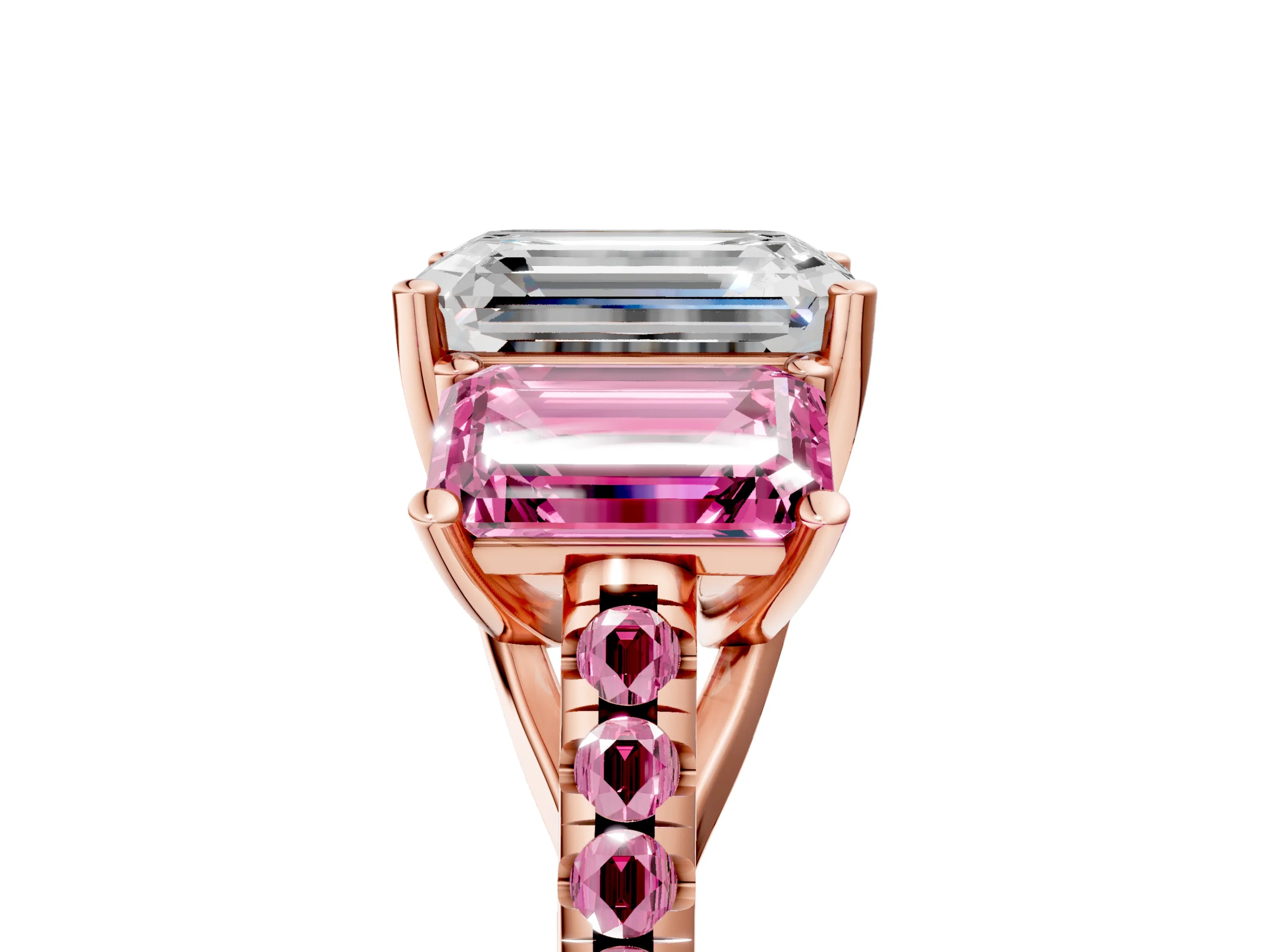 Rose gold Three-Stone Emerald Cut Diamond Ring with Round with Pink Sapphire side stone Pavé Band and Prong Setting_5