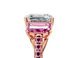 Rose gold Three-Stone Emerald Cut Diamond Ring with Round with Pink Sapphire side stone Pavé Band and Prong Setting_5