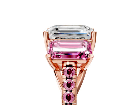 Rose gold Three-Stone Emerald Cut Diamond Ring with Round with Pink Sapphire side stone Pavé Band and Prong Setting_5