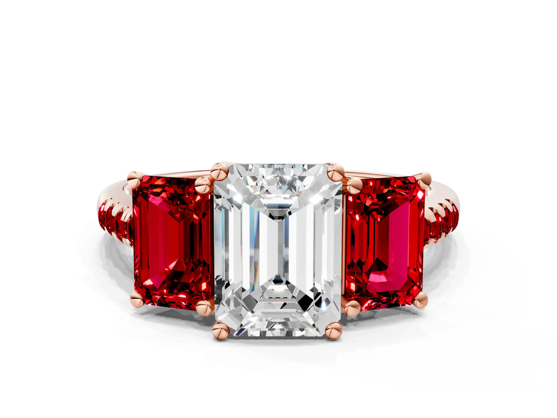 Rose gold Three-Stone Emerald Cut Diamond Ring with Round with Ruby side stone Pavé Band and Prong Setting