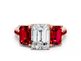 Rose gold Three-Stone Emerald Cut Diamond Ring with Round with Ruby side stone Pavé Band and Prong Setting