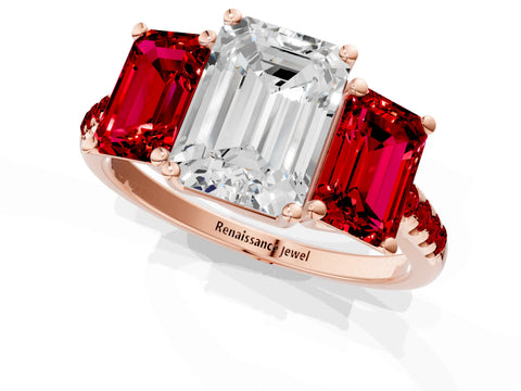 Rose gold Three-Stone Emerald Cut Diamond Ring with Round with Ruby side stone Pavé Band and Prong Setting_1
