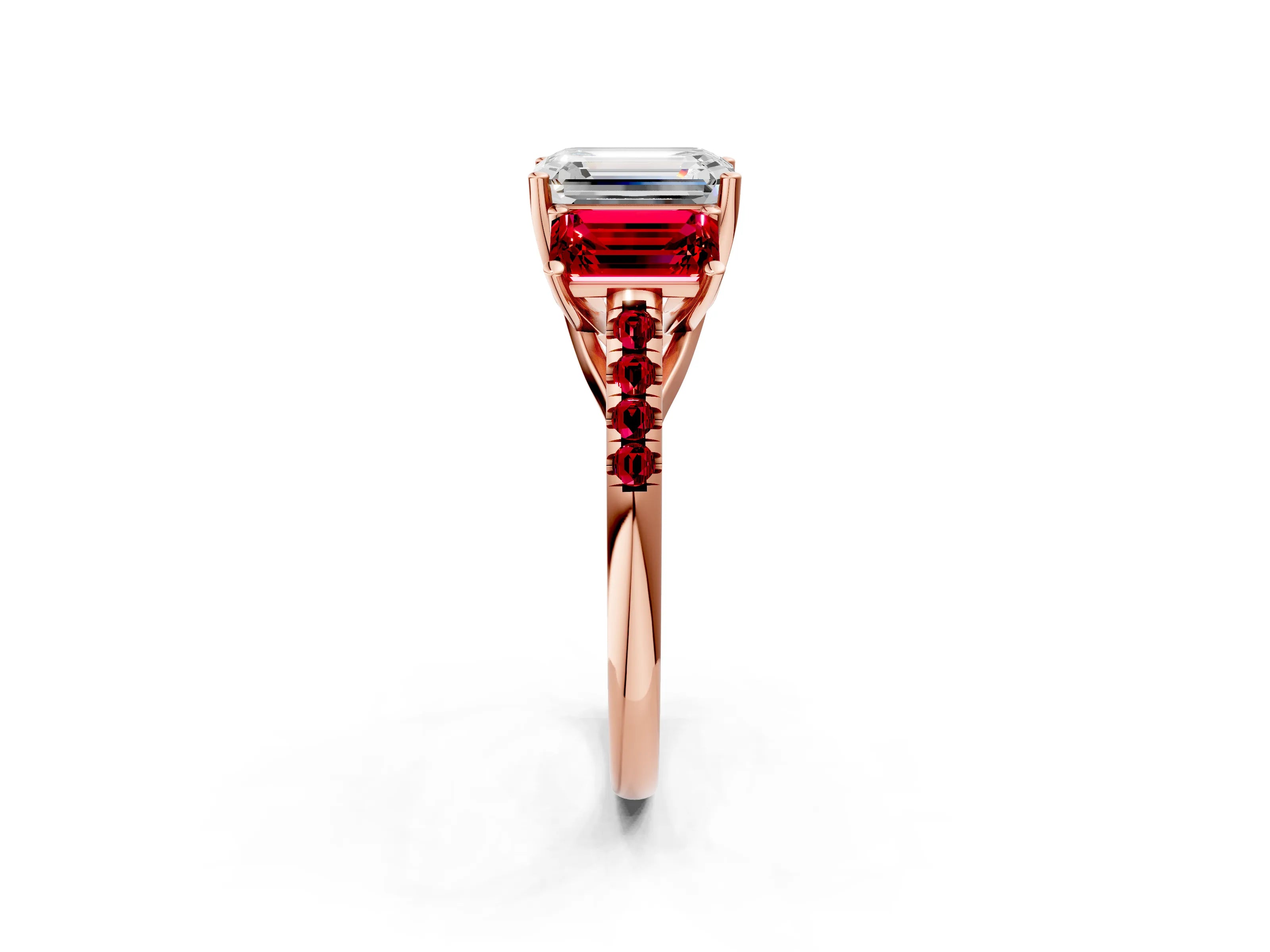 Rose gold Three-Stone Emerald Cut Diamond Ring with Round with Ruby side stone Pavé Band and Prong Setting_2