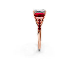 Rose gold Three-Stone Emerald Cut Diamond Ring with Round with Ruby side stone Pavé Band and Prong Setting_2