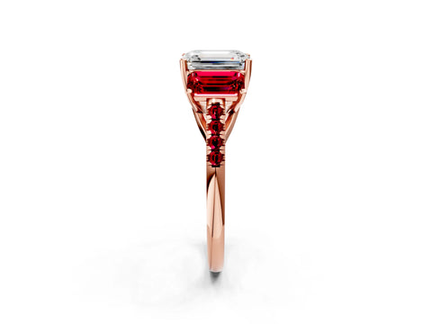 Rose gold Three-Stone Emerald Cut Diamond Ring with Round with Ruby side stone Pavé Band and Prong Setting_2