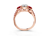 Rose gold Three-Stone Emerald Cut Diamond Ring with Round with Ruby side stone Pavé Band and Prong Setting_3