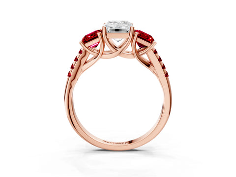 Rose gold Three-Stone Emerald Cut Diamond Ring with Round with Ruby side stone Pavé Band and Prong Setting_3