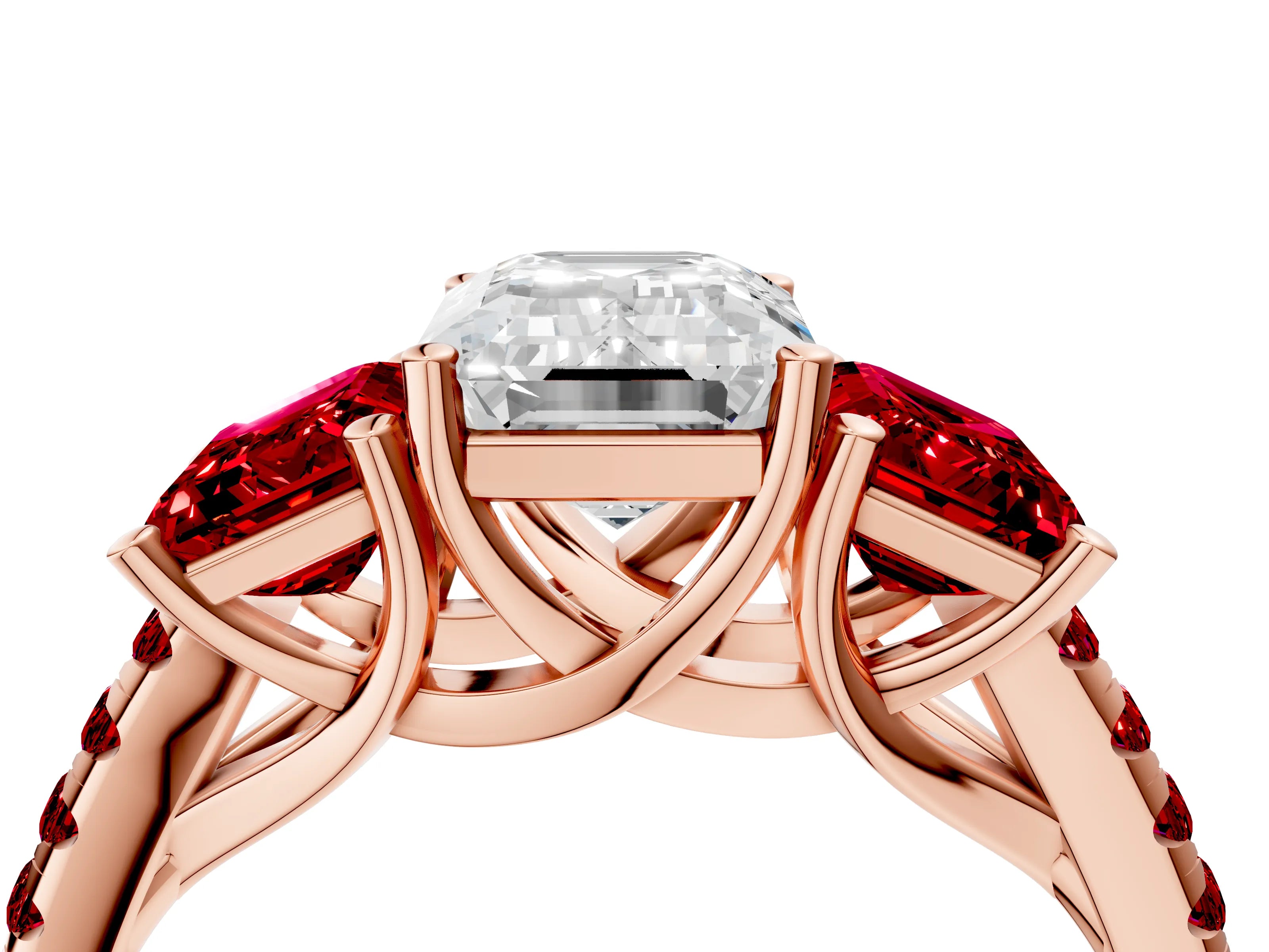 Rose gold Three-Stone Emerald Cut Diamond Ring with Round with Ruby side stone Pavé Band and Prong Setting_4