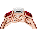 Rose gold Three-Stone Emerald Cut Diamond Ring with Round with Ruby side stone Pavé Band and Prong Setting_4